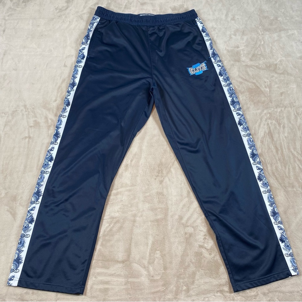 Y2K MMA Elite Mens L Track Pants Navy White Dragon Graphic Drawstring Gym